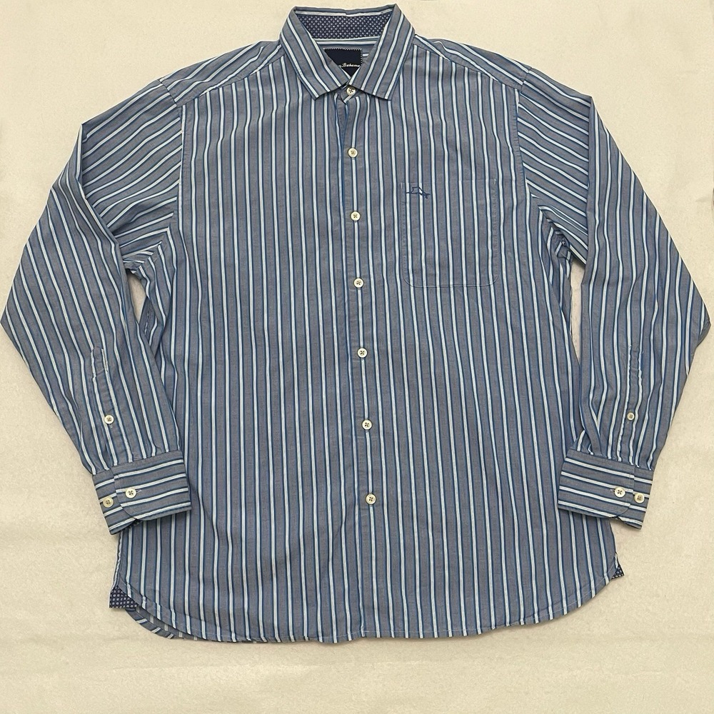 Tommy Bahama Men's M Blue Striped 100% Pima Cotton Long Sleeve Button Shirt